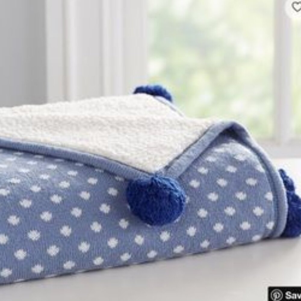 Pottery Barn | Navy Blue White Polka Dot Faux Fur Reversible Baby Blanket 30x40 - Picture 15 of 15
